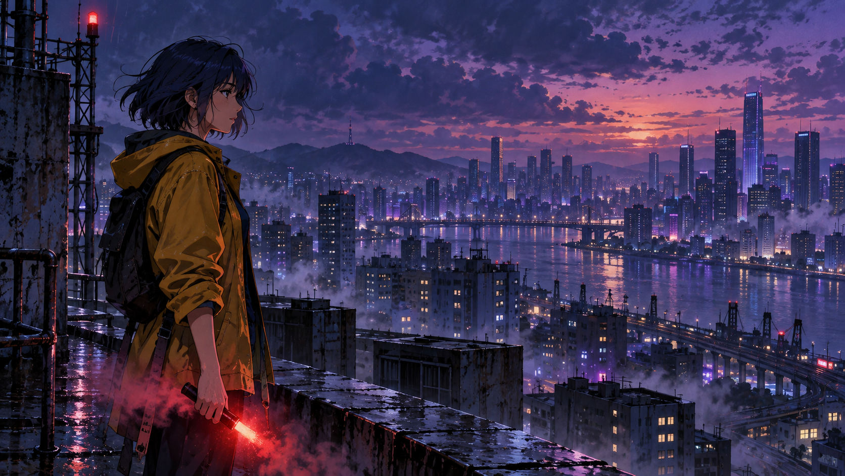 Anime world concept, a character above a neon city